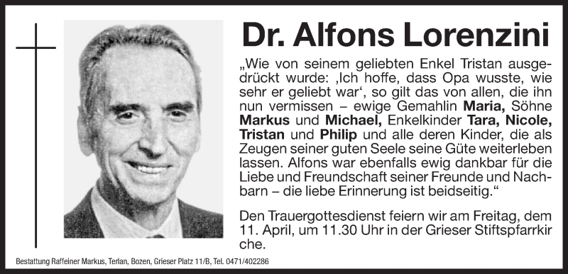  Traueranzeige für Alfons Lorenzini vom 09.04.2014 aus Dolomiten