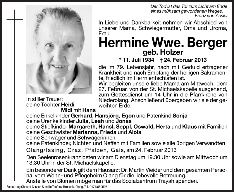  Traueranzeige für Hermine Berger vom 26.02.2013 aus Dolomiten