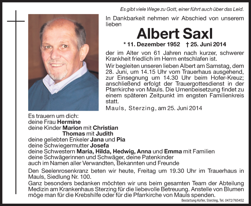  Traueranzeige für Albert Saxl vom 27.06.2014 aus Dolomiten