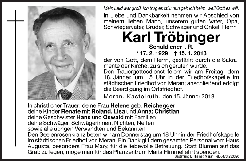  Traueranzeige für Karl Tröbinger vom 16.01.2013 aus Dolomiten