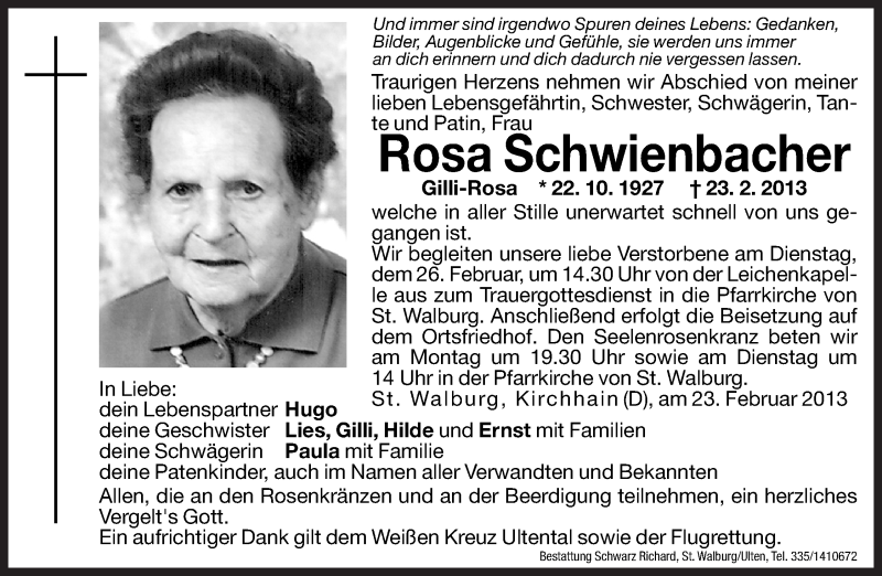  Traueranzeige für Rosa Schwienbacher vom 25.02.2013 aus Dolomiten