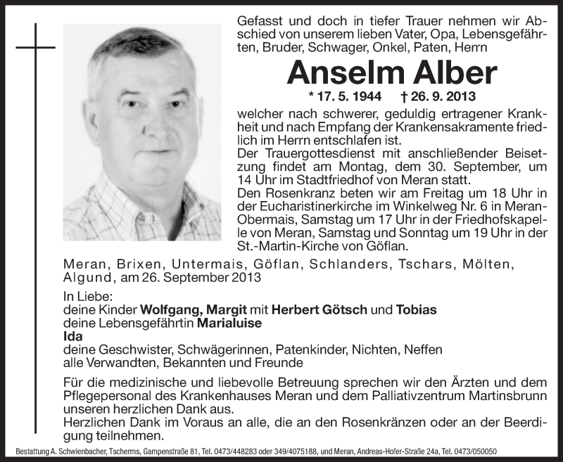  Traueranzeige für Anselm Alber vom 27.09.2013 aus Dolomiten