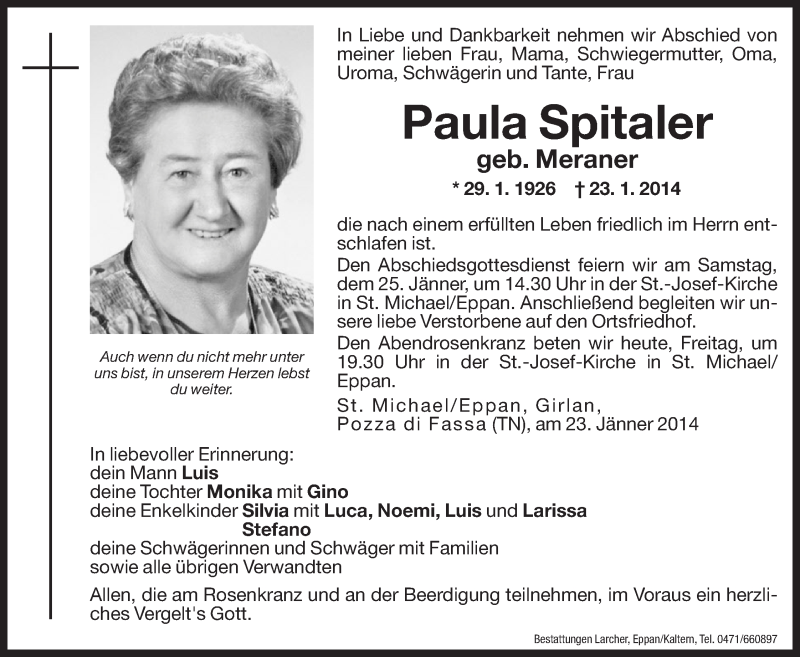  Traueranzeige für Paula Spitaler vom 24.01.2014 aus Dolomiten