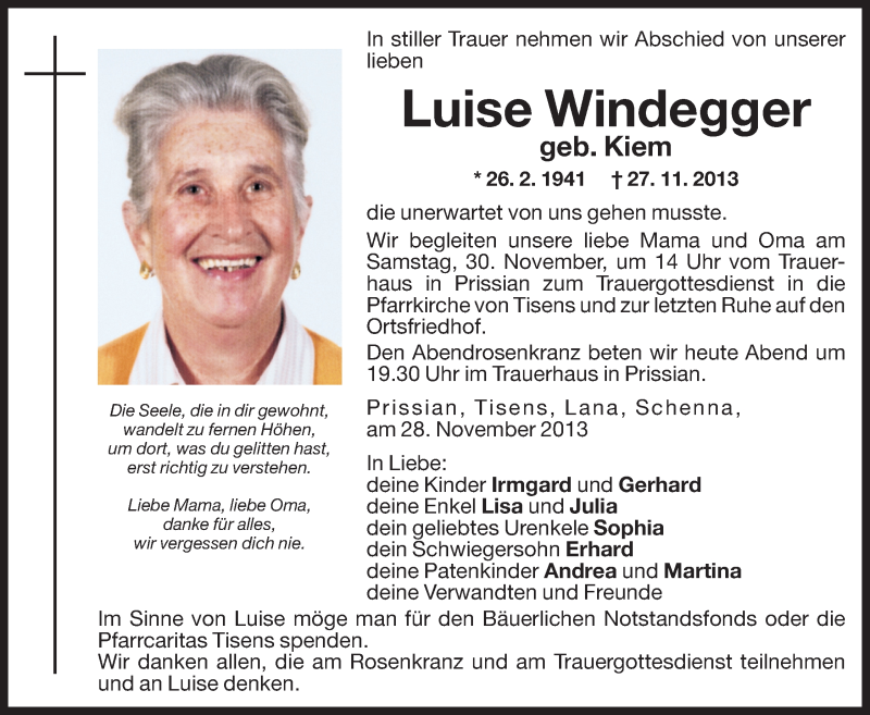  Traueranzeige für Luise Windegger vom 29.11.2013 aus Dolomiten