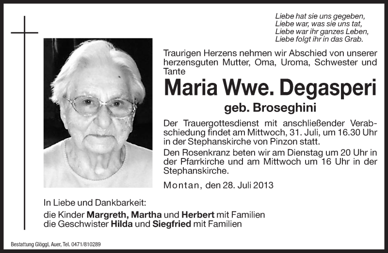  Traueranzeige für Maria Degasperi vom 30.07.2013 aus Dolomiten