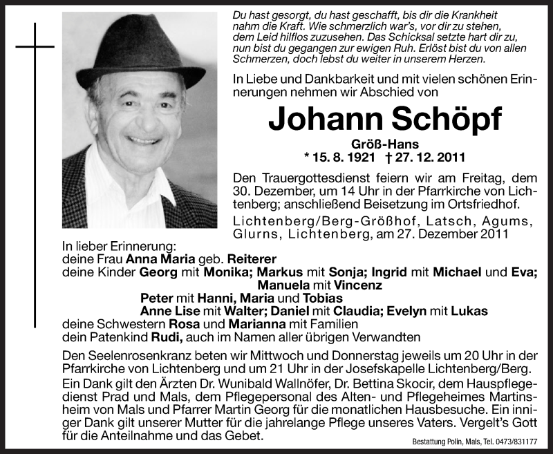  Traueranzeige für Johann Schöpf vom 28.12.2011 aus Dolomiten