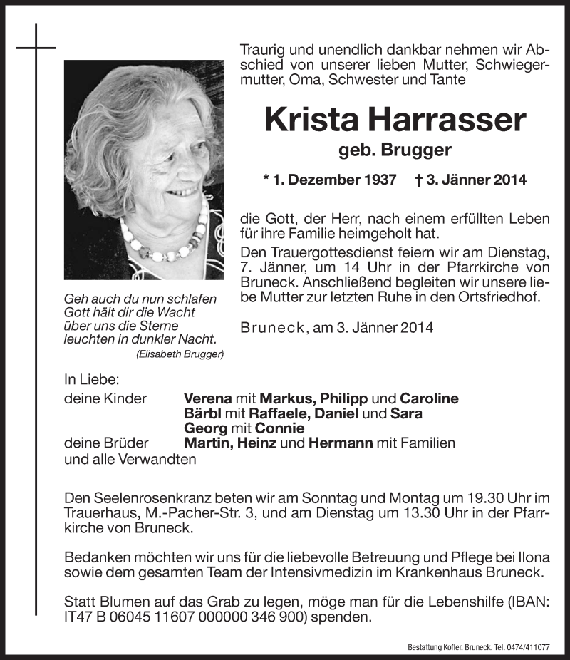  Traueranzeige für Krista Harrasser vom 04.01.2014 aus Dolomiten