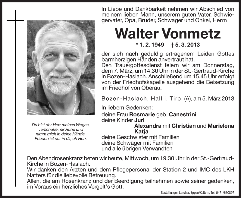  Traueranzeige für Walter Vonmetz vom 06.03.2013 aus Dolomiten