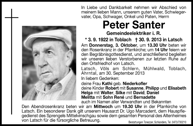  Traueranzeige für Peter Santer vom 01.10.2013 aus Dolomiten