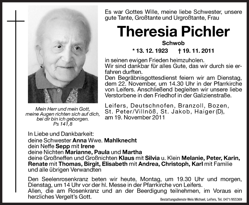  Traueranzeige für Theresia Pichler vom 21.11.2011 aus Dolomiten