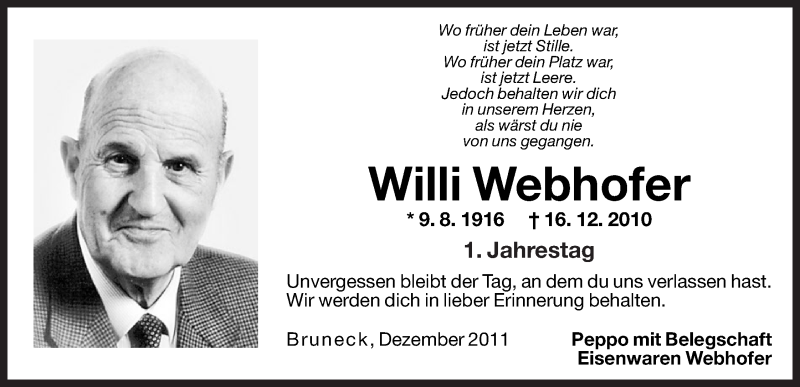  Traueranzeige für Willi Webhofer vom 16.12.2011 aus Dolomiten