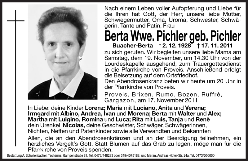  Traueranzeige für Berta Pichler vom 18.11.2011 aus Dolomiten