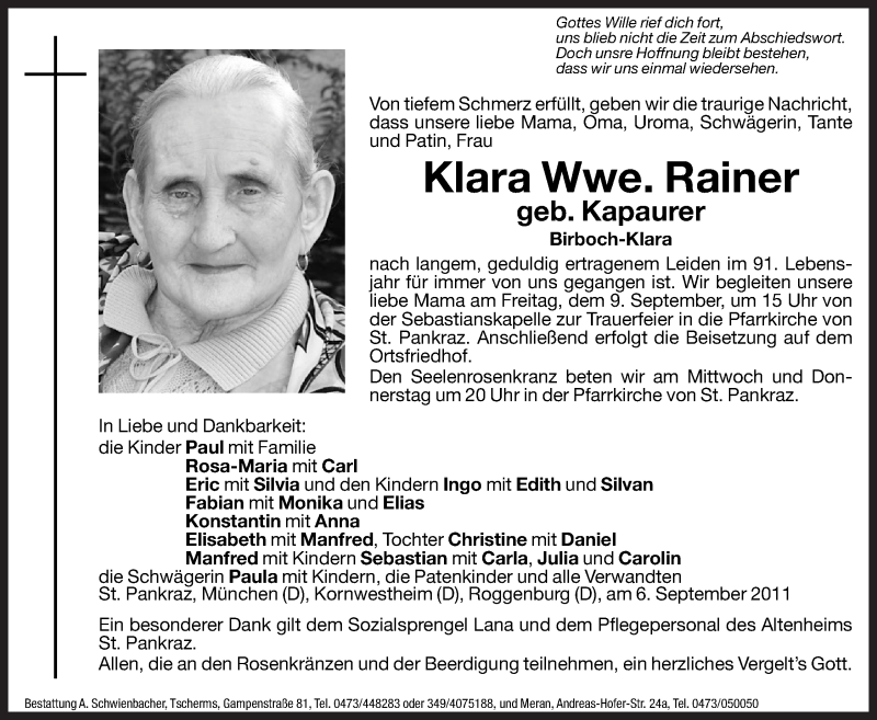  Traueranzeige für Klara Rainer vom 07.09.2011 aus Dolomiten