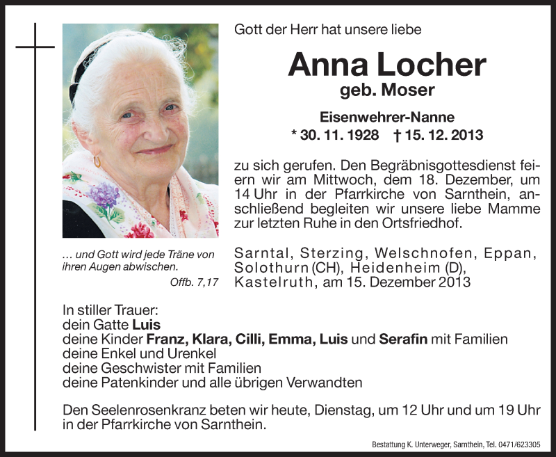  Traueranzeige für Anna Locher vom 17.12.2013 aus Dolomiten