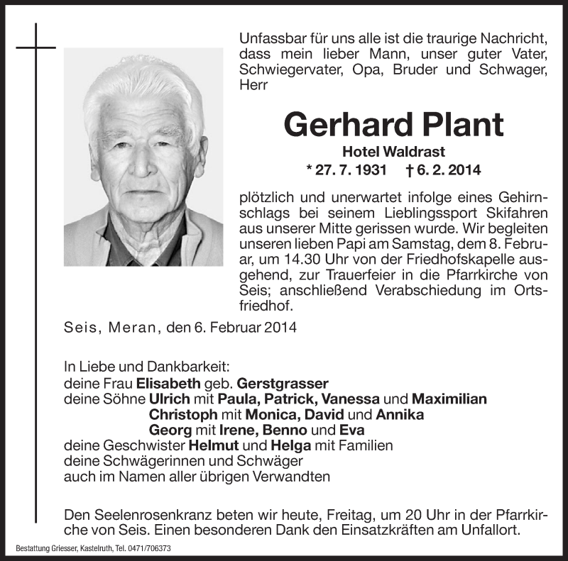  Traueranzeige für Gerhard Plant vom 07.02.2014 aus Dolomiten