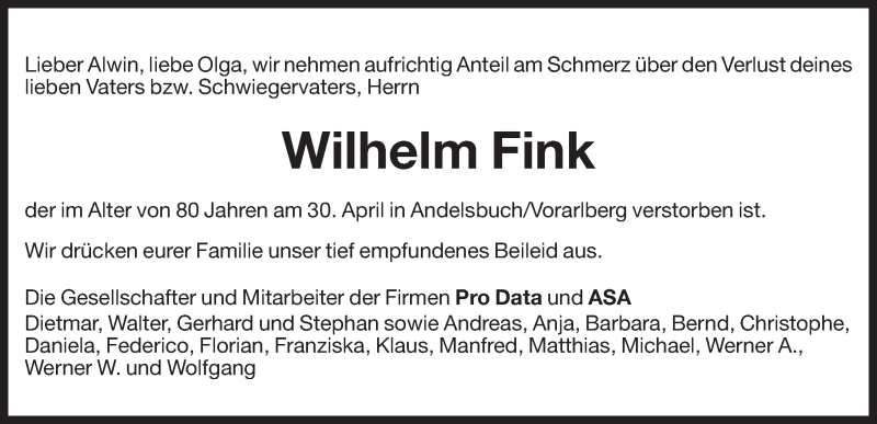  Traueranzeige für Wilhelm Fink vom 03.05.2013 aus Dolomiten