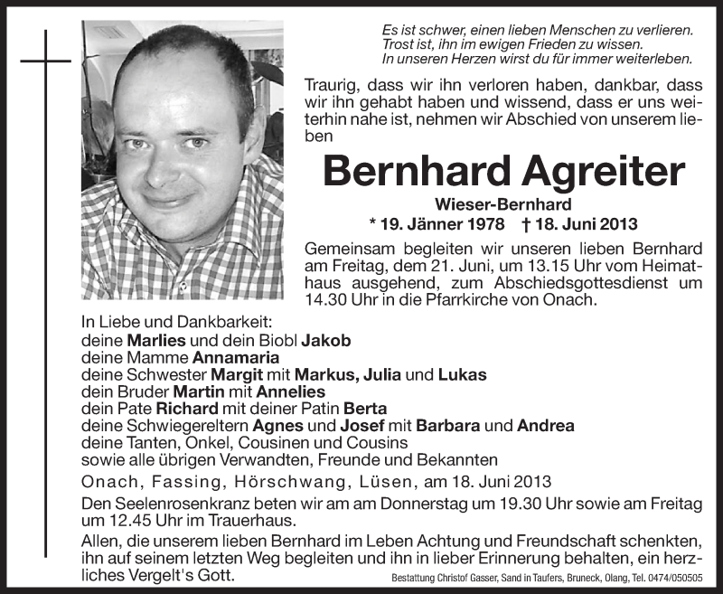  Traueranzeige für Bernhard Agreiter vom 20.06.2013 aus Dolomiten