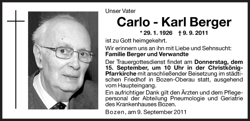  Traueranzeige für Carlo-Karl Berger vom 13.09.2011 aus Dolomiten