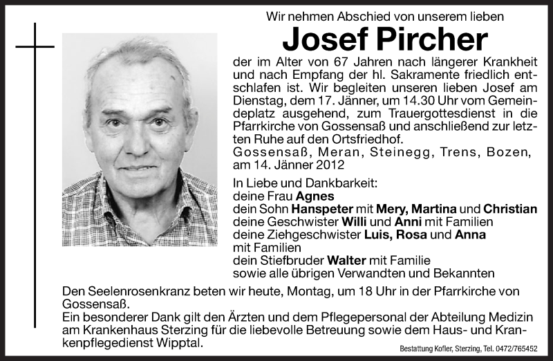  Traueranzeige für Josef Pircher vom 16.01.2012 aus Dolomiten