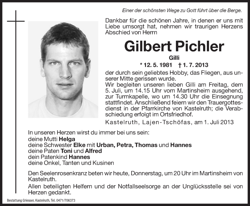  Traueranzeige für Gilbert Pichler vom 04.07.2013 aus Dolomiten