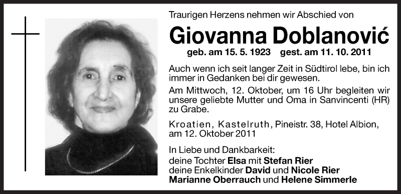  Traueranzeige für Giovanna Doblanovic vom 12.10.2011 aus Dolomiten