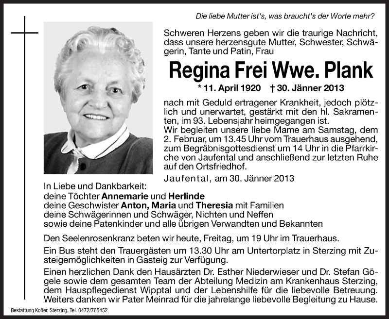  Traueranzeige für Regina Plank vom 01.02.2013 aus Dolomiten