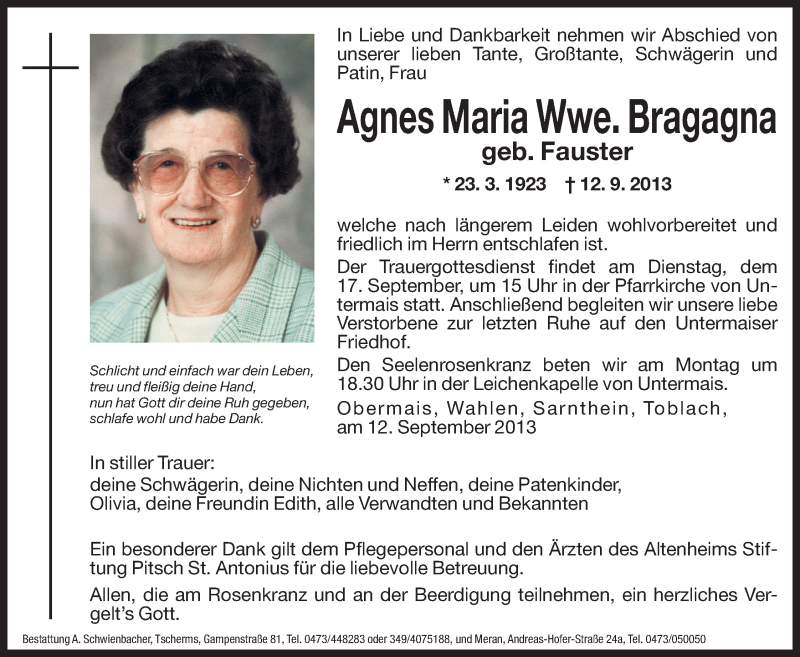  Traueranzeige für Agnes Maria Bragagna vom 16.09.2013 aus Dolomiten