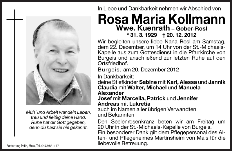  Traueranzeige für Rosa Maria Kuenrath - Gober-Rosl vom 21.12.2012 aus Dolomiten