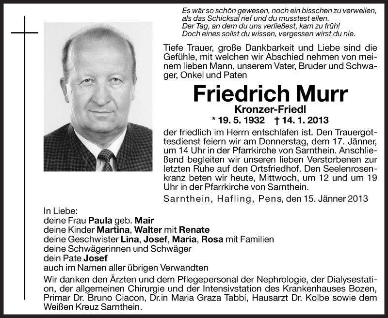  Traueranzeige für Friedrich Murr vom 16.01.2013 aus Dolomiten