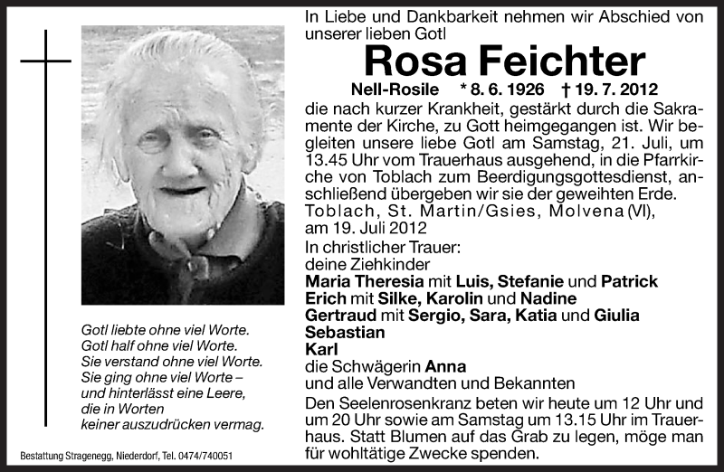  Traueranzeige für Rosa Feichter vom 20.07.2012 aus Dolomiten