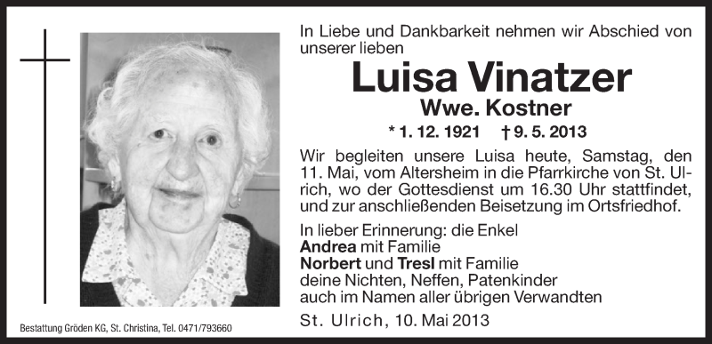  Traueranzeige für Luisa Kostner vom 11.05.2013 aus Dolomiten