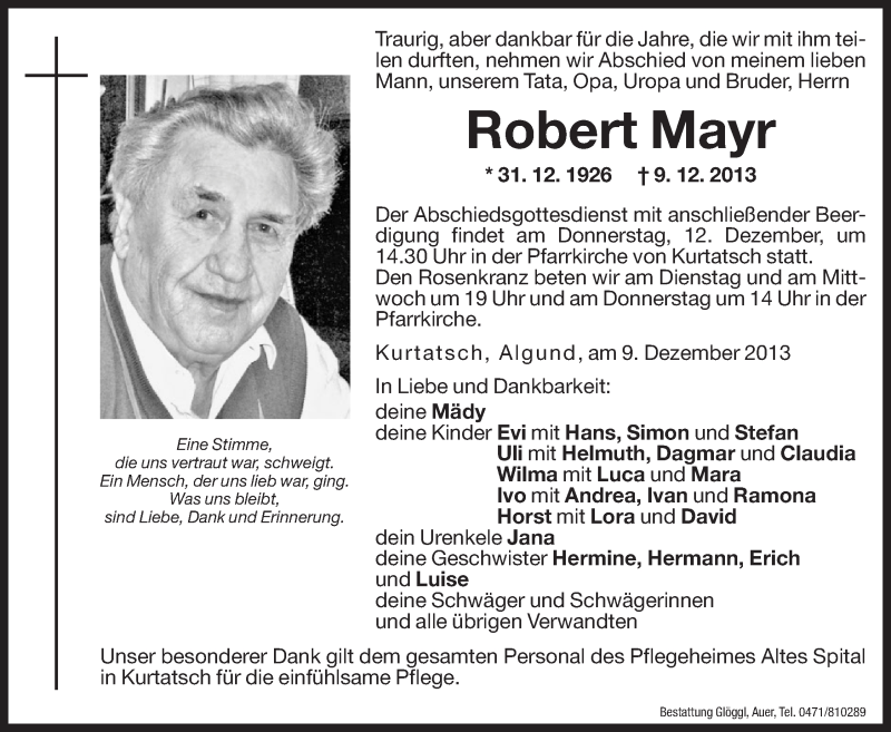  Traueranzeige für Robert Mayr vom 10.12.2013 aus Dolomiten