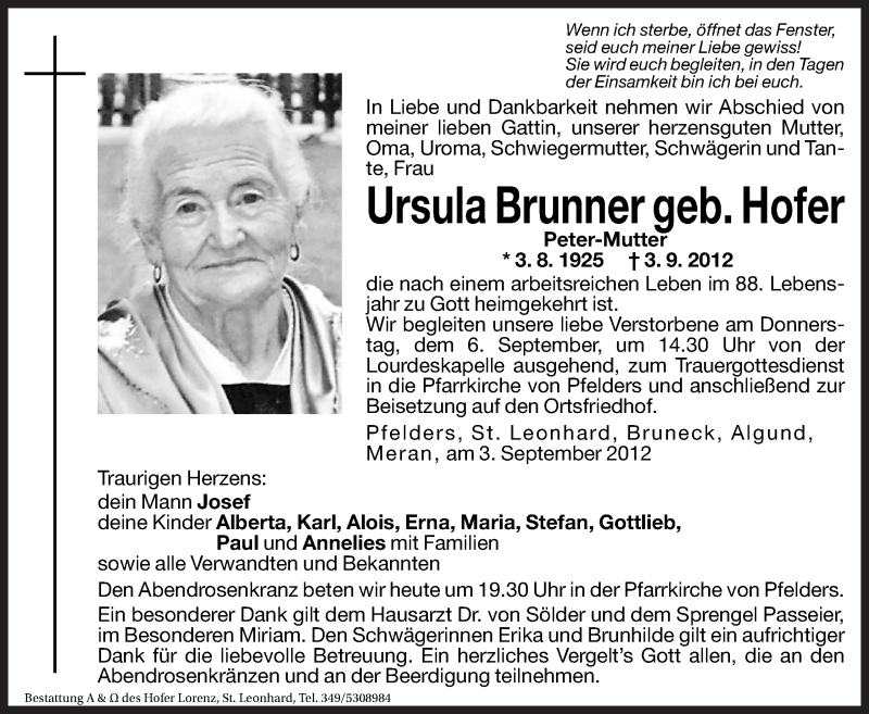  Traueranzeige für Ursula Brunner vom 05.09.2012 aus Dolomiten