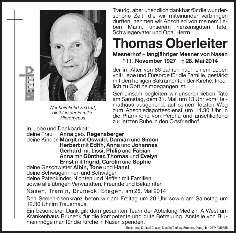  Traueranzeige für Thomas Oberleiter vom 30.05.2014 aus Dolomiten