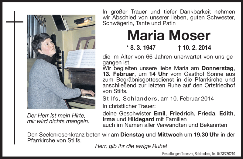  Traueranzeige für Maria Moser vom 11.02.2014 aus Dolomiten