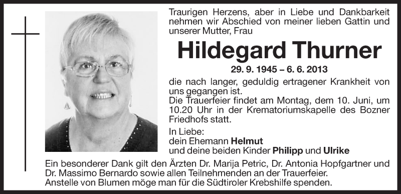  Traueranzeige für Hildegard Aichner vom 08.06.2013 aus Dolomiten