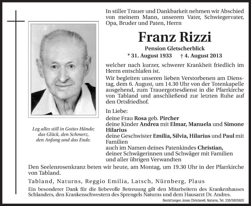  Traueranzeige für Franz Rizzi vom 05.08.2013 aus Dolomiten