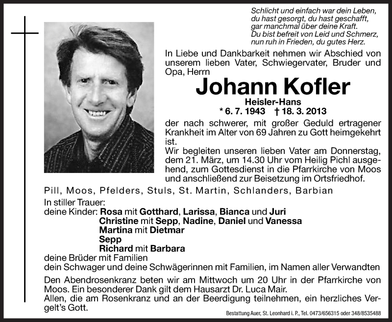  Traueranzeige für Johann Kofler vom 20.03.2013 aus Dolomiten