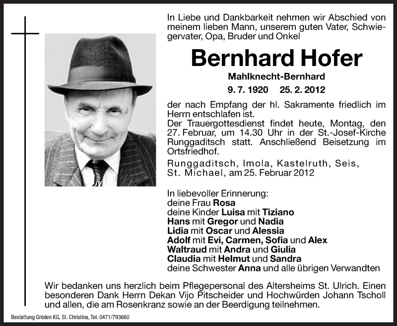  Traueranzeige für Bernhard Hofer vom 27.02.2012 aus Dolomiten