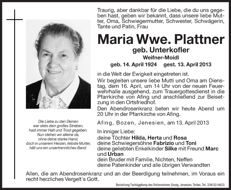  Traueranzeige für Maria Plattner vom 15.04.2013 aus Dolomiten