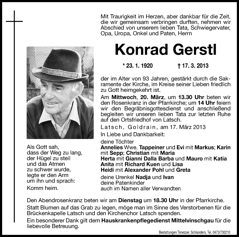  Traueranzeige für Konrad Gerstl vom 19.03.2013 aus Dolomiten