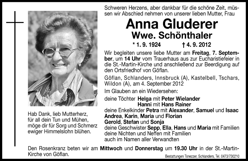  Traueranzeige für Anna Gluderer vom 05.09.2012 aus Dolomiten