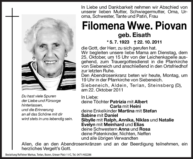  Traueranzeige für Filomena Piovan vom 24.10.2011 aus Dolomiten