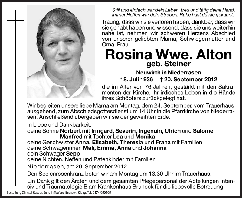  Traueranzeige für Rosina Alton vom 24.09.2012 aus Dolomiten