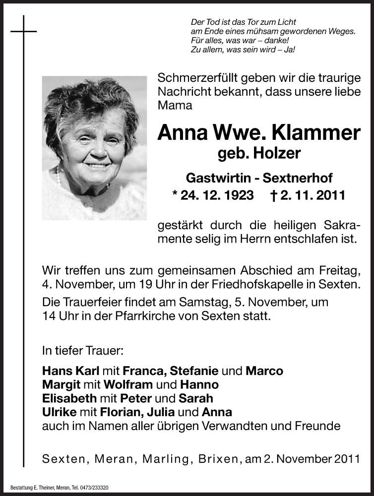  Traueranzeige für Anna Klammer vom 11.04.2011 aus Dolomiten