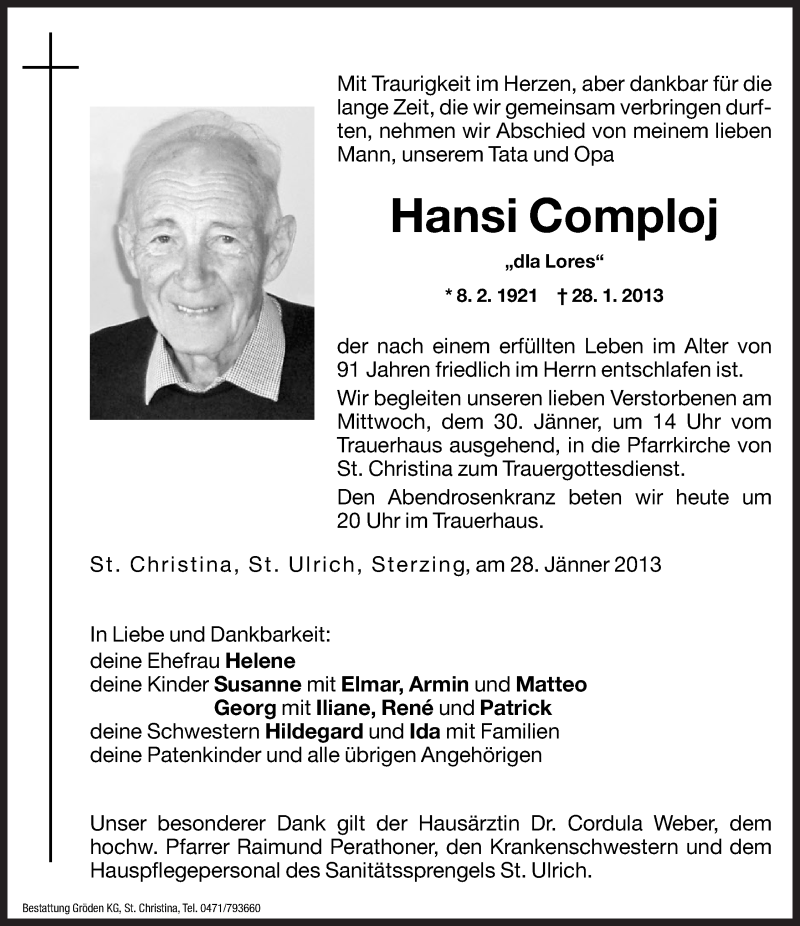  Traueranzeige für Hansi Comploj vom 29.01.2013 aus Dolomiten
