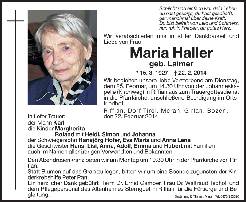  Traueranzeige für Maria Haller vom 24.02.2014 aus Dolomiten