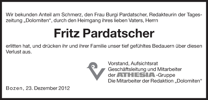  Traueranzeige für Fritz Pardatscher vom 24.12.2012 aus Dolomiten