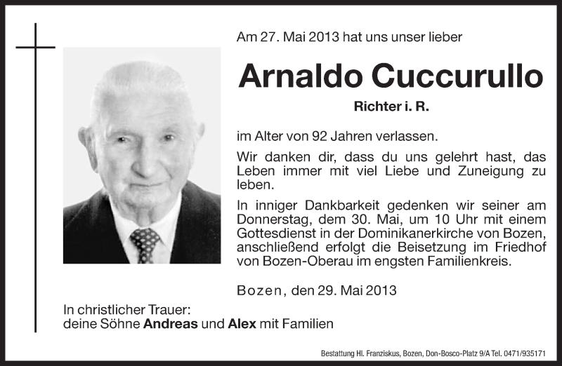  Traueranzeige für Arnaldo Cuccurullo vom 29.05.2013 aus Dolomiten