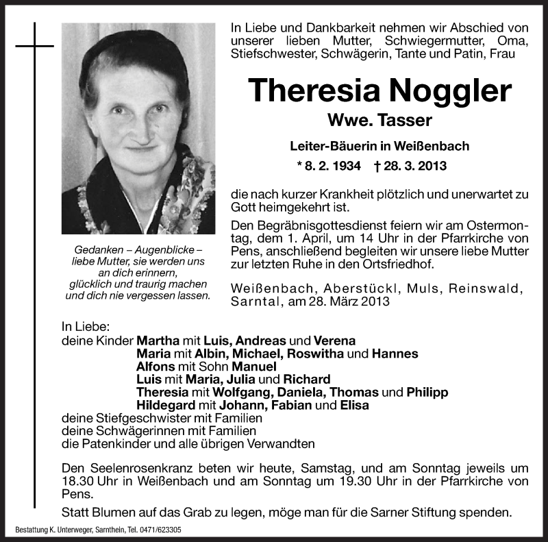  Traueranzeige für Theresia Tasser vom 30.03.2013 aus Dolomiten